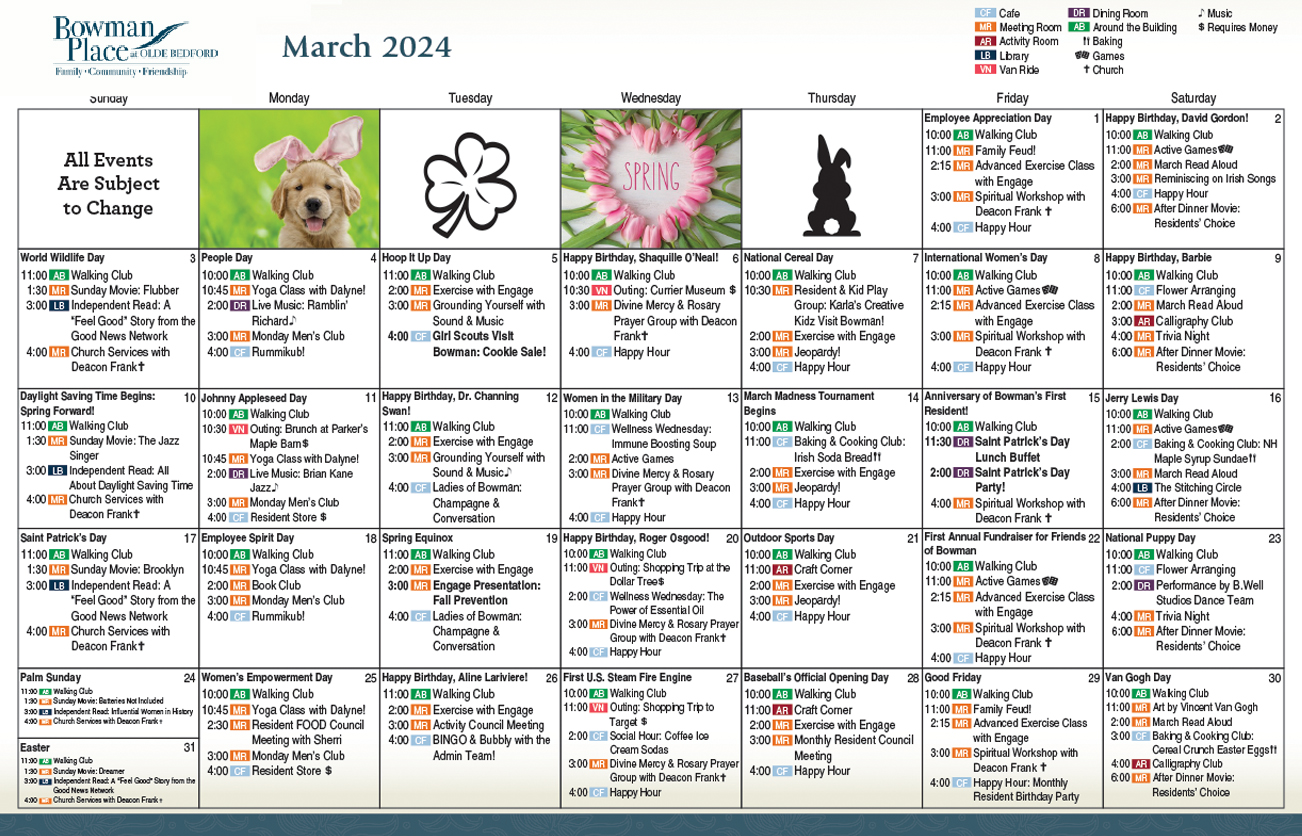 Activities Calendar Bowman Place at Olde Bedford