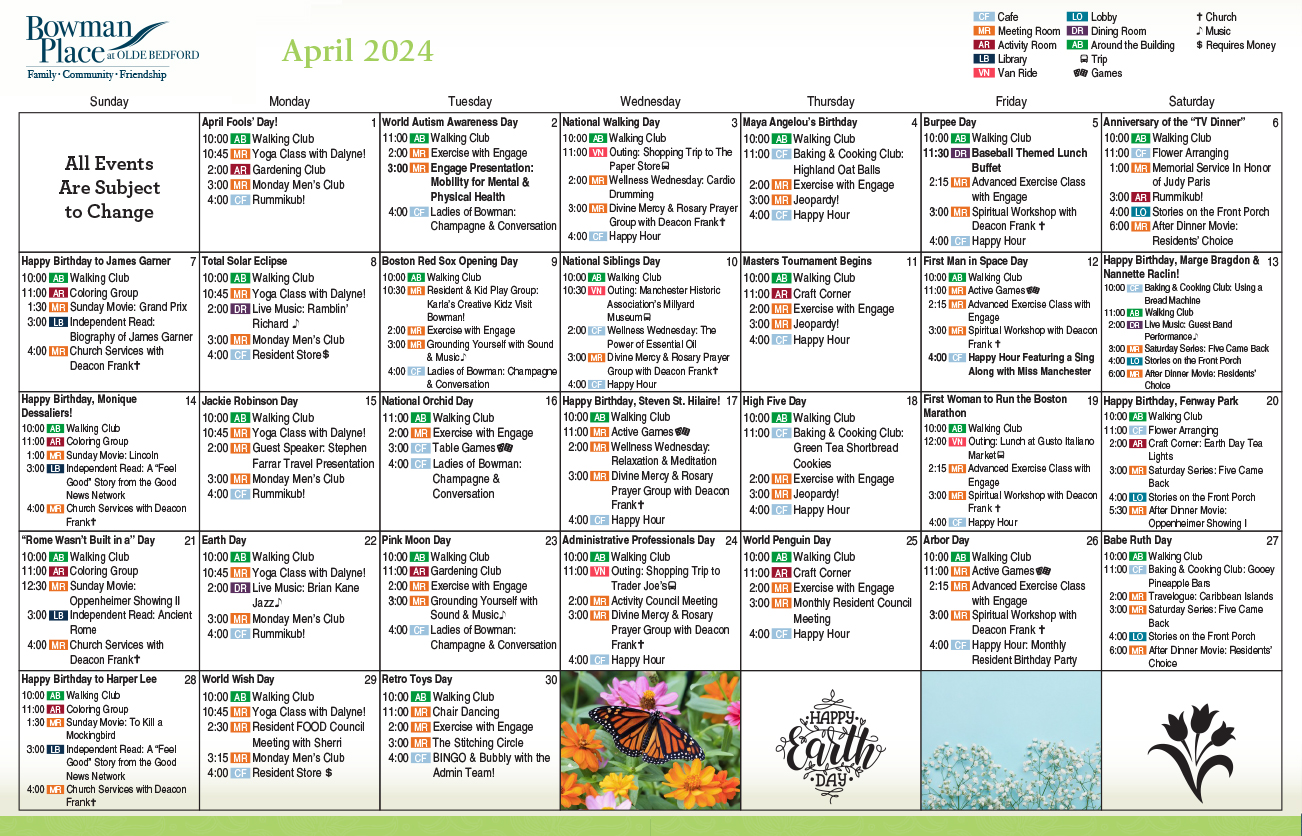 Assisted Living April 2024 calendar
