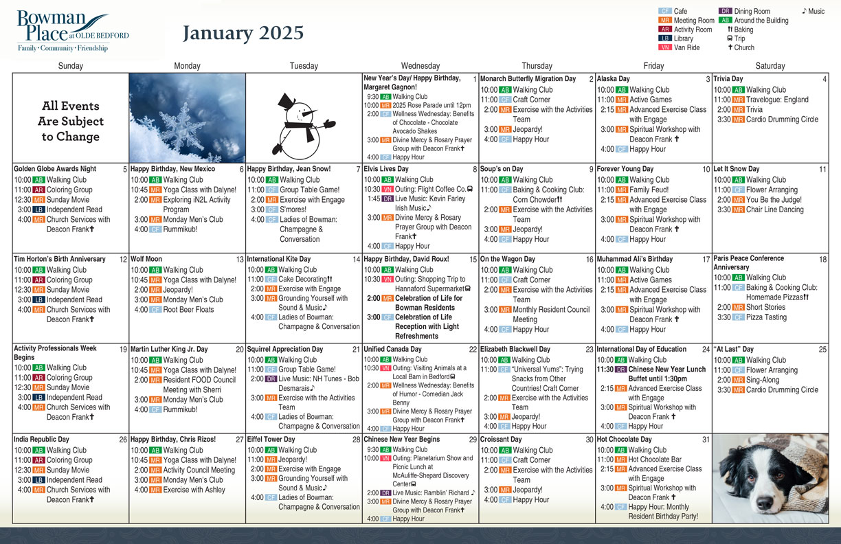 January 2025 Assisted Living Activities Calendar