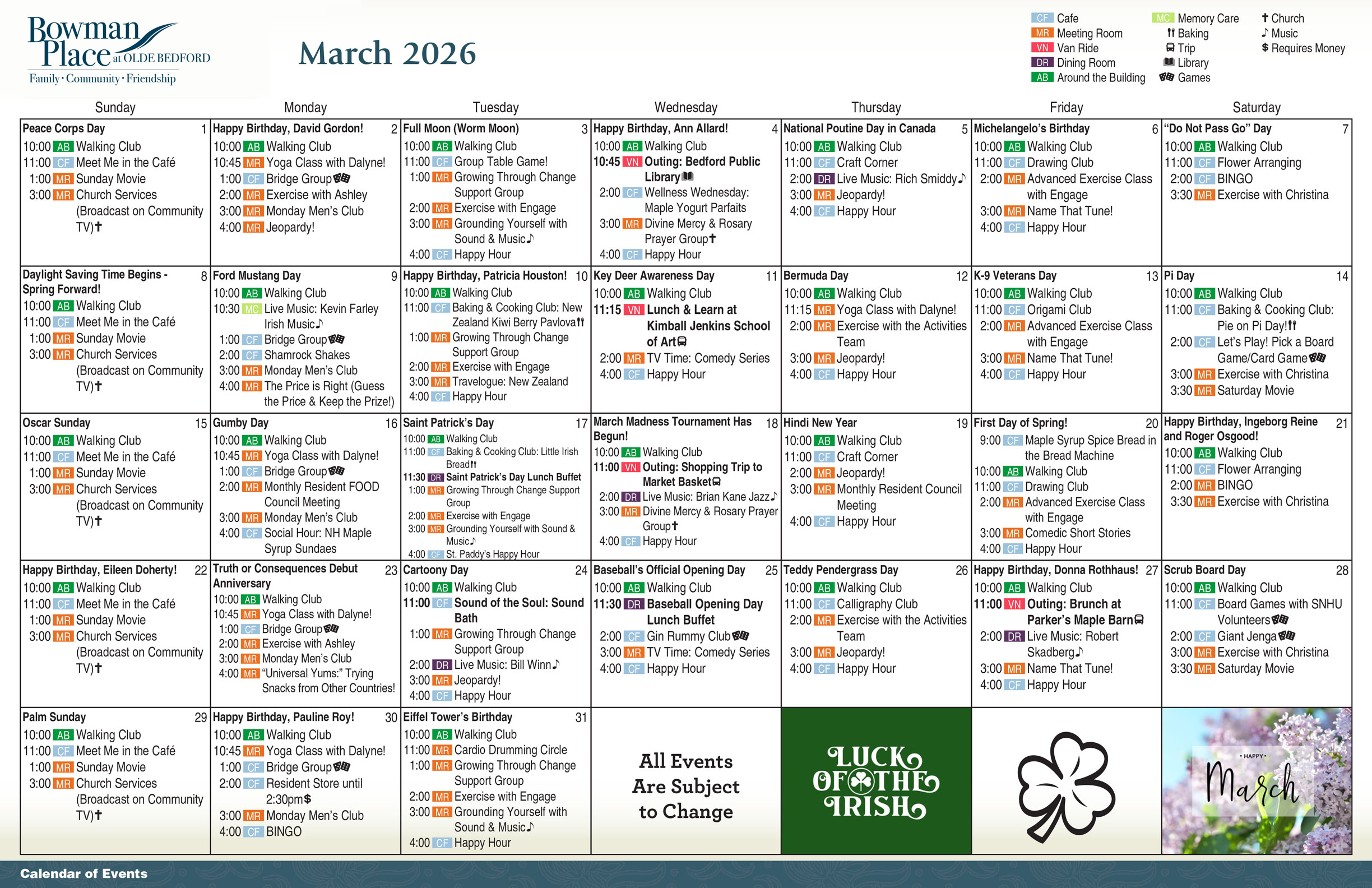Bowman Activities Calendar March 2026
