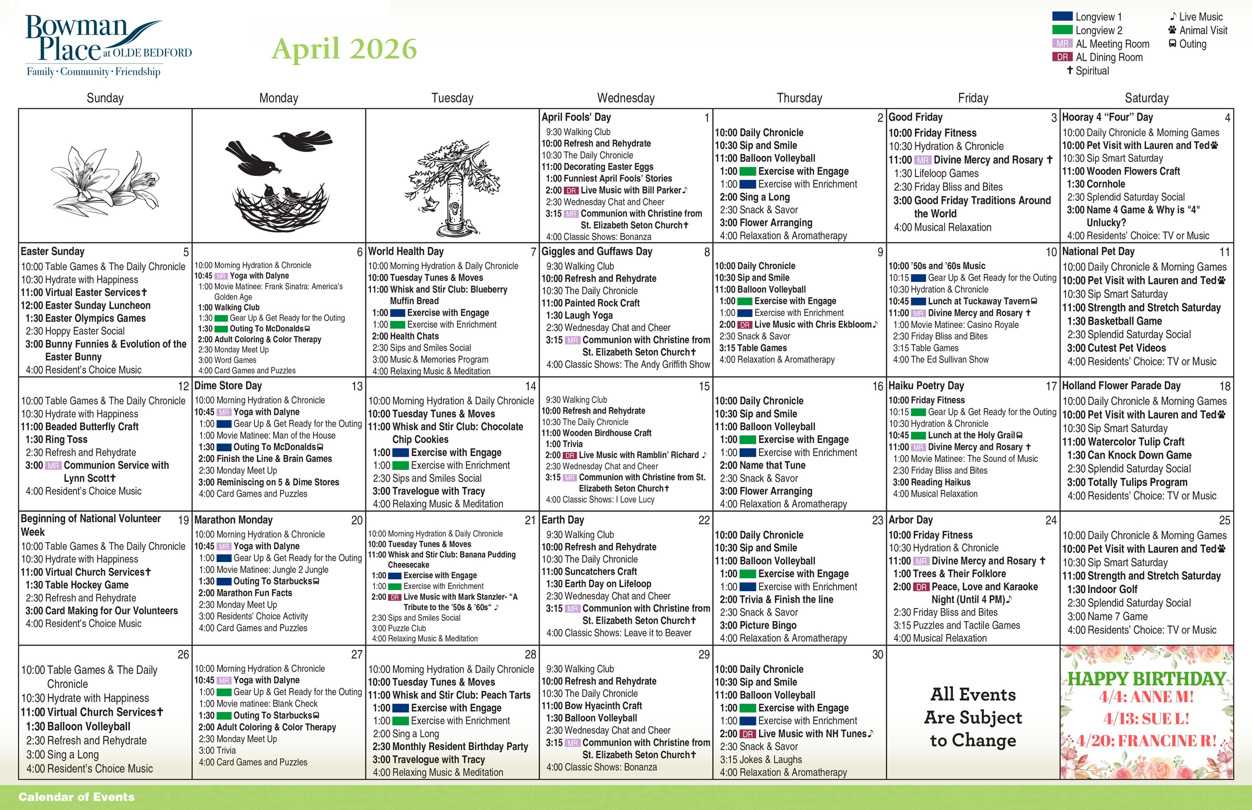 April 2026 Longview Activities Calendar
